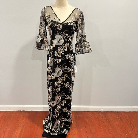 Adrianna Papell Black With Multicolor Floral Embroidery V-Neck 3/4 Sleeves Gown - Picture 3 of 15